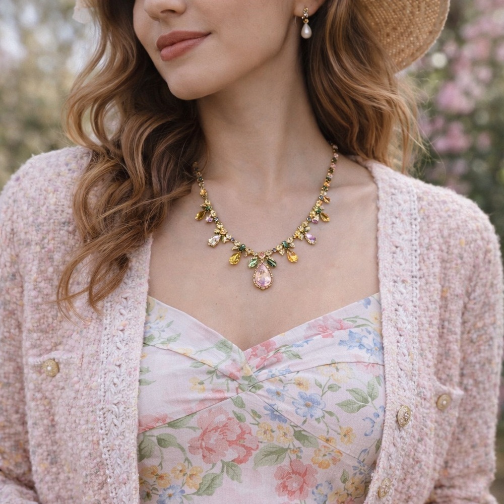 Anthropologie Crystal Statement Necklace – Floral Pastel Gem Elegant
